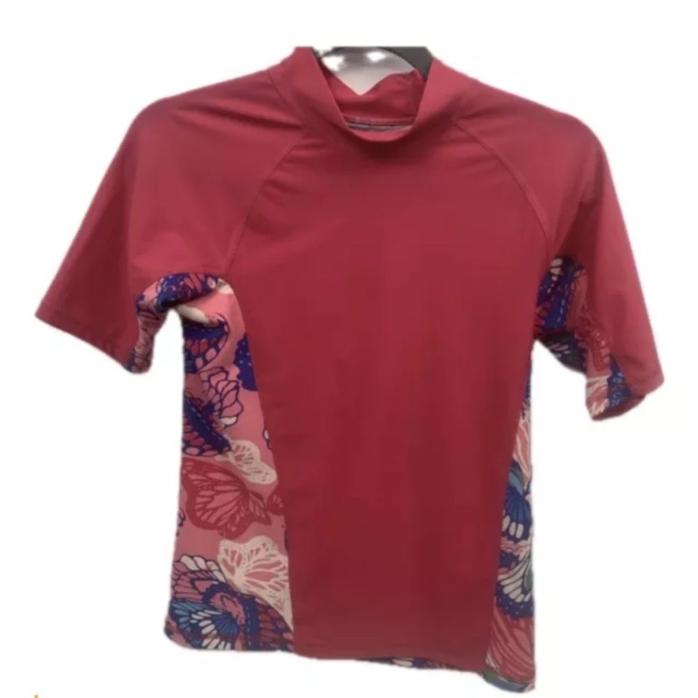 Patagonia Girls‎ Hot Pink With Butterfly Print Swim Top Rashguard Size XL 14 EUC